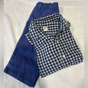 Blue checkered polo and dress pants set.